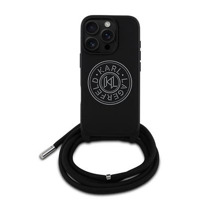 Apple iPhone 16 Pro Kılıf Karl Lagerfeld Orjinal Lisanslı Askı İpli Taşlı KL Yazılı Crossbody Cord Kapak