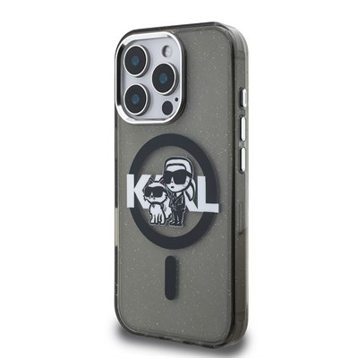 Apple iPhone 16 Pro Kılıf Karl Lagerfeld Orjinal Lisanslı Parlayan Simli Karl & Choupette Sketch Logo Kapak