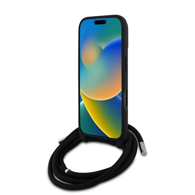 Apple iPhone 16 Pro Kılıf Karl Lagerfeld Orjinal Lisanslı Askı İpli Taşlı KL Yazılı Crossbody Cord Kapak