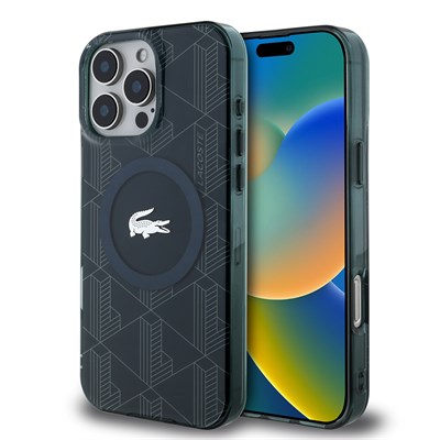 Apple iPhone 16 Pro Kılıf Lacoste Orjinal Lisanslı Magsafe Şarj Özellikli IML Baskılı Gümüş Timsah Logolu Monogram Kapak