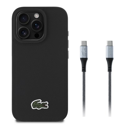 Apple iPhone 16 Pro Kılıf Lacoste Orjinal Lisanslı PU Pike Desenli Arka Yüzey İkonik Timsah Dokuma Logolu Kapak + Type-C Kablo 1.5m