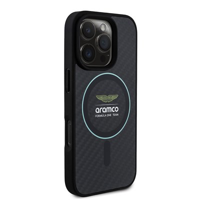 Apple iPhone 16 Pro Max Kılıf Aston Martin Orjinal Lisanslı Magsafe Şarj Özellikli Renkli Halka ve Karbon Fiber Tasarımlı Kapak