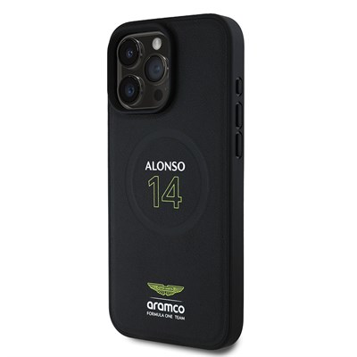 Apple iPhone 16 Pro Max Kılıf Aston Martin Orjinal Lisanslı Magsafe Şarj Özellikli PU Deri Alonso 14 Baskılı Kapak