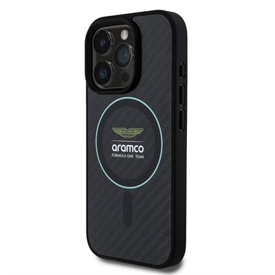 Apple iPhone 16 Pro Max Kılıf Aston Martin Orjinal Lisanslı Magsafe Şarj Özellikli Renkli Halka ve Karbon Fiber Tasarımlı Kapak