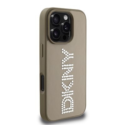 Apple iPhone 16 Pro Max Kılıf DKNY Orjinal Lisanslı Taşlı DKNY Yazılı Metalik Rhinestones PU Deri Kapak