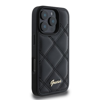 Apple iPhone 16 Pro Max Kılıf Guess Orjinal Lisanslı PU Deri Metal Yazı Logolu Kapitone Kapak