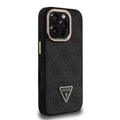 Apple iPhone 16 Pro Max Kılıf Guess Orjinal Lisanslı PU Deri Taşlı Üçgen Logo 4G Desenli Kamera Standlı Kapak