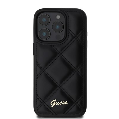 Apple iPhone 16 Pro Max Kılıf Guess Orjinal Lisanslı PU Deri Metal Yazı Logolu Kapitone Kapak