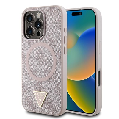 Apple iPhone 16 Pro Max Kılıf Guess Orjinal Lisanslı Magsafe Şarj Özellikli PU Üçgen Logo 4G Desenli Kapak