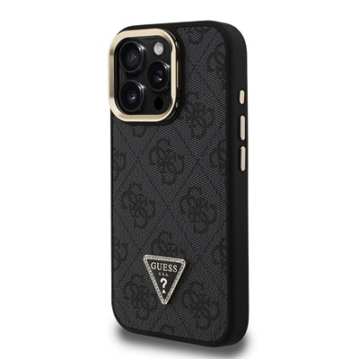 Apple iPhone 16 Pro Max Kılıf Guess Orjinal Lisanslı PU Deri Taşlı Üçgen Logo 4G Desenli Kamera Standlı Kapak