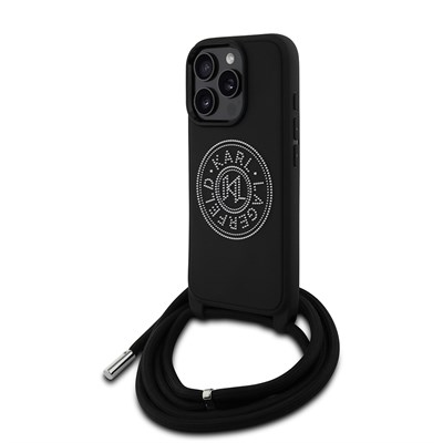 Apple iPhone 16 Pro Max Kılıf Karl Lagerfeld Orjinal Lisanslı Askı İpli Taşlı KL Yazılı Crossbody Cord Kapak