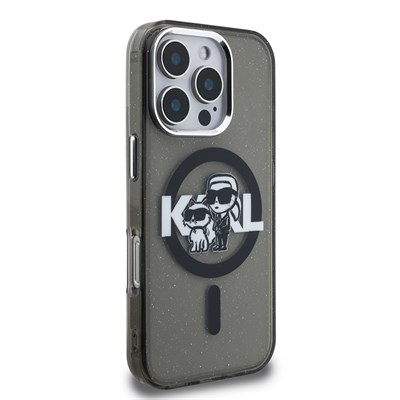 Apple iPhone 16 Pro Max Kılıf Karl Lagerfeld Orjinal Lisanslı Parlayan Simli Karl & Choupette Sketch Logo Kapak