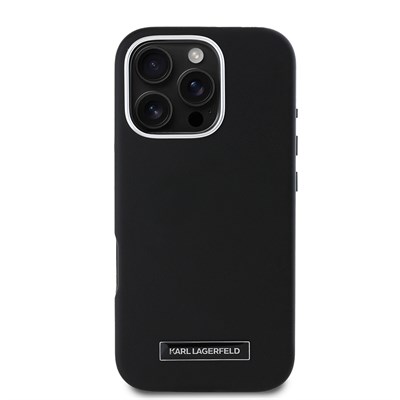 Apple iPhone 16 Pro Max Kılıf Karl Lagerfeld Orjinal Lisanslı Metal Kamera Çerçeve ve Buton Tasarımlı Metal Plaka Logolu PU Deri Kapak