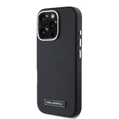 Apple iPhone 16 Pro Max Kılıf Karl Lagerfeld Orjinal Lisanslı Metal Kamera Çerçeve ve Buton Tasarımlı Metal Plaka Logolu PU Deri Kapak