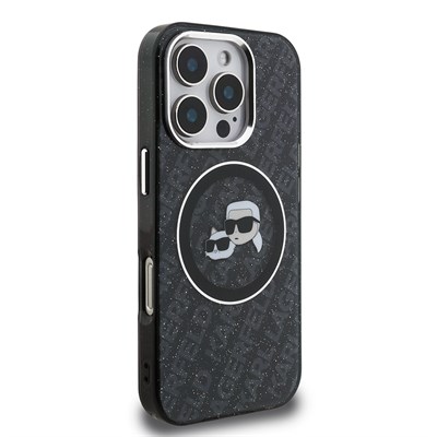 Apple iPhone 16 Pro Max Kılıf Karl Lagerfeld Orjinal Lisanslı Parlayan Simli Karl & Choupette Heads Kapak