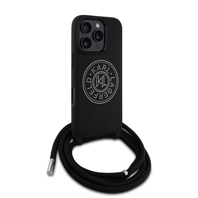 Apple iPhone 16 Pro Max Kılıf Karl Lagerfeld Orjinal Lisanslı Askı İpli Taşlı KL Yazılı Crossbody Cord Kapak