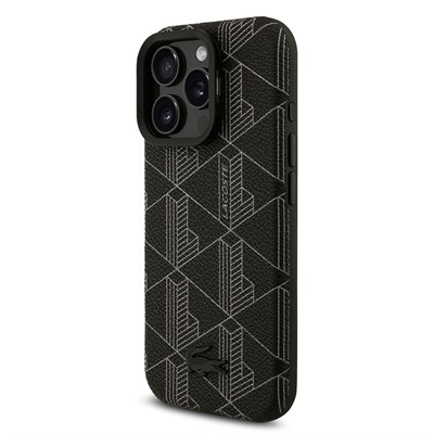 Apple iPhone 16 Pro Max Kılıf Lacoste Orjinal Lisanslı M-safe Şarj Özellikli Standlı PU Deri Karışık Monogram Desenli Kapak