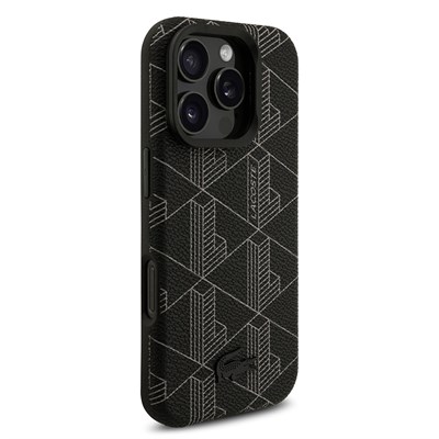 Apple iPhone 16 Pro Max Kılıf Lacoste Orjinal Lisanslı M-safe Şarj Özellikli Standlı PU Deri Karışık Monogram Desenli Kapak