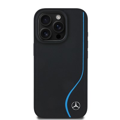 Apple iPhone 16 Pro Max Kılıf Mercedes Benz Orjinal Lisanslı Magsafe Şarj Özellikli 3D Metal Logolu Mavi Dikey Eğri Çizgili Deri Kapak