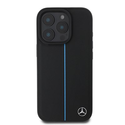 Apple iPhone 16 Pro Max Kılıf Mercedes Benz Orjinal Lisanslı Magsafe Şarj Özellikli Metal Yıldız Logolu Mavi Çizgili Deri Kapak