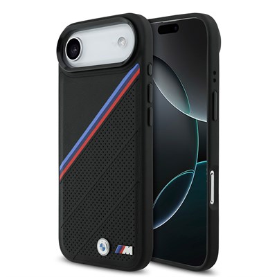 Apple iPhone 17 Air Kılıf BMW Orjinal Lisanslı M-safe Şarj Özellikli M Logolu Üç Şeritli Delikli Deri Kapak