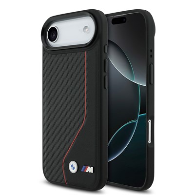Apple iPhone 17 Air Kılıf BMW Orjinal Lisanslı M-safe Şarj Özellikli Metal BMW ve M Logolu PU Karbon Tasarımlı Kapak