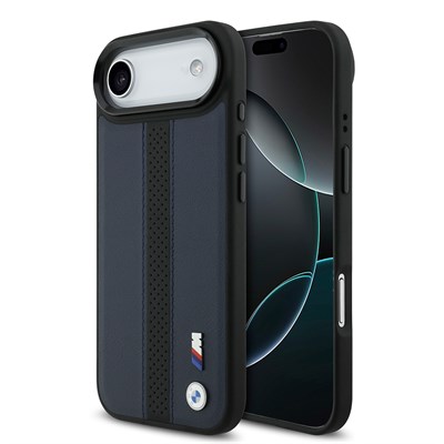 Apple iPhone 17 Air Kılıf BMW Orjinal Lisanslı M-safe Şarj Özellikli Deri Arka Yüzey Metal Logolu Delikli Şerit Tasarımlı Kapak