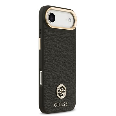 Apple iPhone 17 Air Kılıf Guess Orjinal Lisanslı M-safe Şarj Özellikli Gold Metal Kamera Çerçeveli Taşlı Üçgen Logo 4G Desenli Kapak