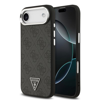 Apple iPhone 17 Air Kılıf Guess Orjinal Lisanslı M-safe Şarj Özellikli Gümüş Metal Kamera Çerçeveli Üçgen Logo 4G Desenli Kapak