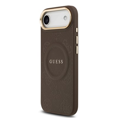 Apple iPhone 17 Air Kılıf Guess Orjinal Lisanslı M-safe Şarj Özellikli Sıcak Baskılı Yazı Logolu PU Deri Peony Kapak