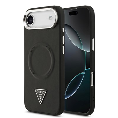 Apple iPhone 17 Air Kılıf Guess Orjinal Lisanslı M-safe Şarj Özellikli PU Deri Metal Kamera Çerçeveli Üçgen Logolu Kapak