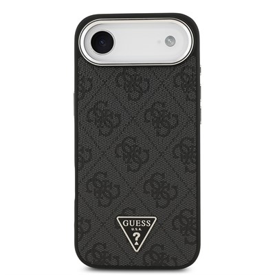 Apple iPhone 17 Air Kılıf Guess Orjinal Lisanslı M-safe Şarj Özellikli Gümüş Metal Kamera Çerçeveli Üçgen Logo 4G Desenli Kapak