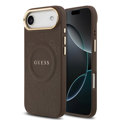Apple iPhone 17 Air Kılıf Guess Orjinal Lisanslı M-safe Şarj Özellikli Sıcak Baskılı Yazı Logolu PU Deri Peony Kapak