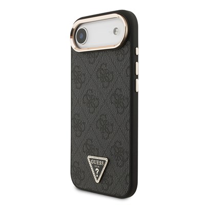 Apple iPhone 17 Air Kılıf Guess Orjinal Lisanslı M-safe Şarj Özellikli Gold Metal Kamera Çerçeveli Taşlı Üçgen Logo 4G Desenli Kapak