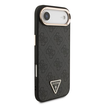 Apple iPhone 17 Air Kılıf Guess Orjinal Lisanslı M-safe Şarj Özellikli Gold Metal Kamera Çerçeveli Taşlı Üçgen Logo 4G Desenli Kapak