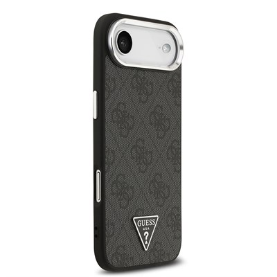 Apple iPhone 17 Air Kılıf Guess Orjinal Lisanslı M-safe Şarj Özellikli Gümüş Metal Kamera Çerçeveli Üçgen Logo 4G Desenli Kapak