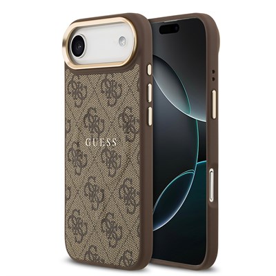 Apple iPhone 17 Air Kılıf Guess Orjinal Lisanslı M-safe Şarj Özellikli Gold Metal Kamera Çerçeveli PU Deri 4G Desenli Yazı Logolu Kapak