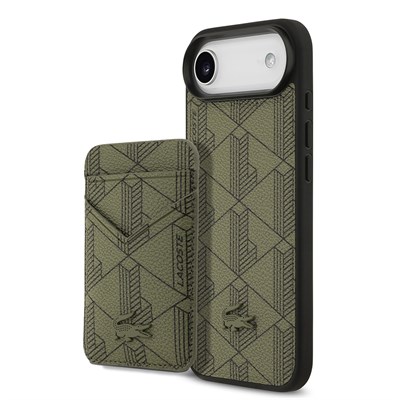 Apple iPhone 17 Air Kılıf Lacoste Orjinal Lisanslı M-safe Şarj Özellikli PU Deri Tasarımlı Kartlıklı Karışık Monogram Desenli Kapak