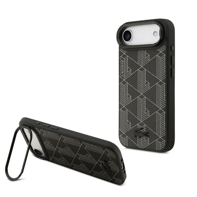 Apple iPhone 17 Air Kılıf Lacoste Orjinal Lisanslı M-safe Şarj Özellikli Standlı PU Deri Karışık Monogram Desenli Kapak