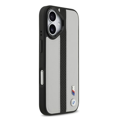 Apple iPhone 17 Kılıf BMW Orjinal Lisanslı M-safe Şarj Özellikli Deri Arka Yüzey Metal Logolu Delikli Şerit Tasarımlı Kapak