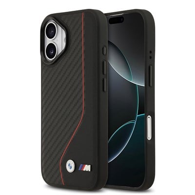 Apple iPhone 17 Kılıf BMW Orjinal Lisanslı M-safe Şarj Özellikli Metal BMW ve M Logolu PU Karbon Tasarımlı Kapak