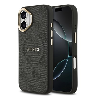 Apple iPhone 17 Kılıf Guess Orjinal Lisanslı M-safe Şarj Özellikli Gold Metal Kamera Çerçeveli PU Deri 4G Desenli Yazı Logolu Kapak