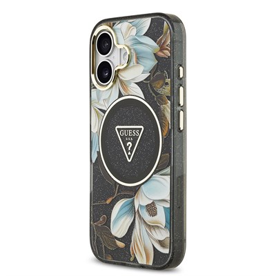 Apple iPhone 17 Kılıf Guess Orjinal Lisanslı M-safe Şarj Özellikli Simli Çiçek Desenli Metal Kamera Çerçeveli Üçgen Logolu Kapak