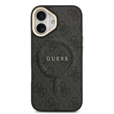 Apple iPhone 17 Kılıf Guess Orjinal Lisanslı M-safe Şarj Özellikli Gold Metal Kamera Çerçeveli PU Deri 4G Desenli Yazı Logolu Kapak