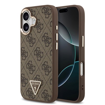 Apple iPhone 17 Kılıf Guess Orjinal Lisanslı M-safe Şarj Özellikli Gold Metal Kamera Çerçeveli Taşlı Üçgen Logo 4G Desenli Kapak