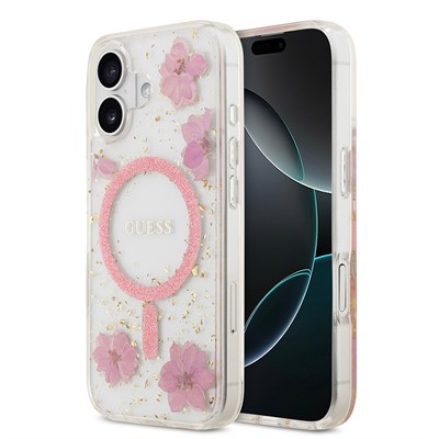 Apple iPhone 17 Kılıf Guess Orjinal Lisanslı M-safe Şarj Özellikli Transparan Resin Flowers Kapak
