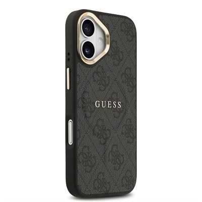 Apple iPhone 17 Kılıf Guess Orjinal Lisanslı M-safe Şarj Özellikli Gold Metal Kamera Çerçeveli PU Deri 4G Desenli Yazı Logolu Kapak