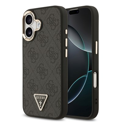 Apple iPhone 17 Kılıf Guess Orjinal Lisanslı M-safe Şarj Özellikli Gold Metal Kamera Çerçeveli Taşlı Üçgen Logo 4G Desenli Kapak