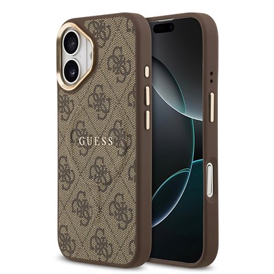 Apple iPhone 17 Kılıf Guess Orjinal Lisanslı M-safe Şarj Özellikli Gold Metal Kamera Çerçeveli PU Deri 4G Desenli Yazı Logolu Kapak