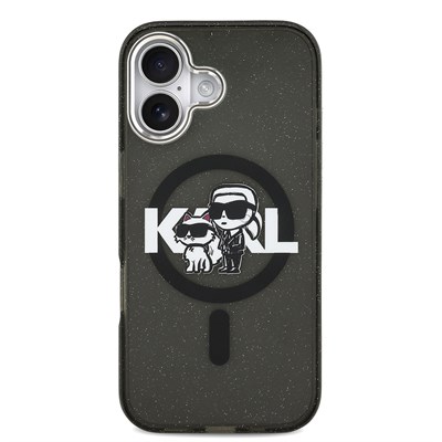 Apple iPhone 17 Kılıf Karl Lagerfeld Orjinal Lisanslı Parlayan Simli Karl & Choupette Sketch Logo Kapak